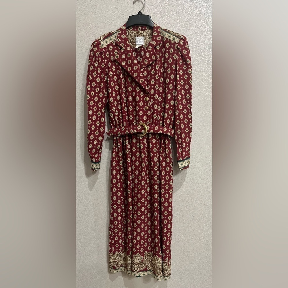 Vintage Kristy Michaels‎ Collared Midi Dress Long Sleeve Dress Size 8 burgundy